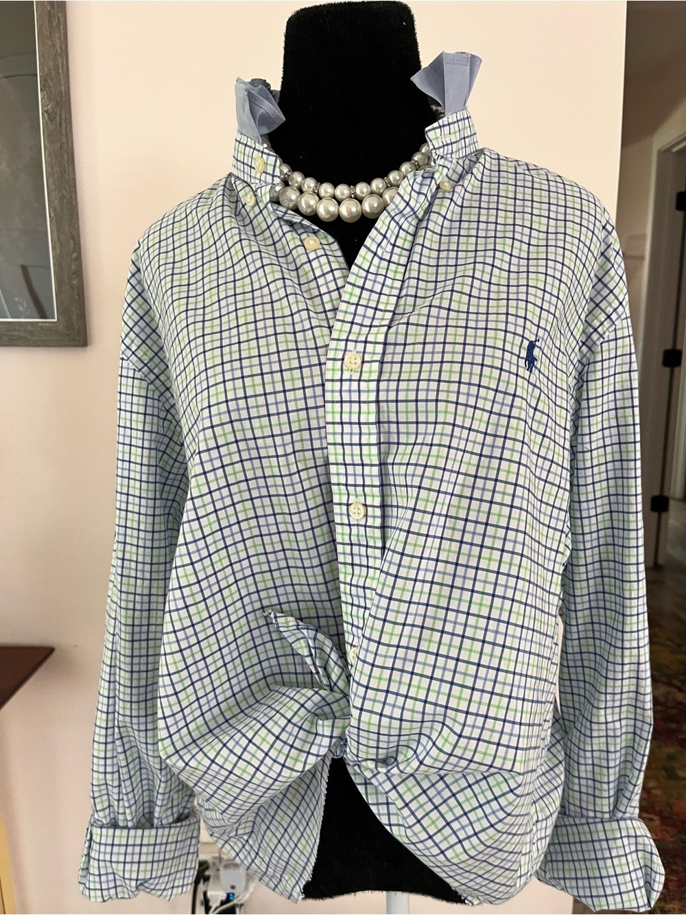 Upcycled Ralph Lauren Green and Blue Windowpane Button-Down Ruffle Collar